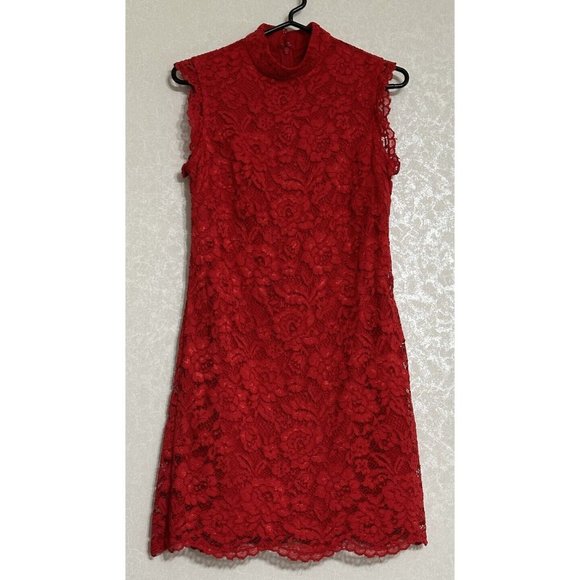 Nicole Miller‎ Red Floral Lace Mini Dress Sleeveless Lined Mock Neck Shift Sz 6 - Picture 1 of 6